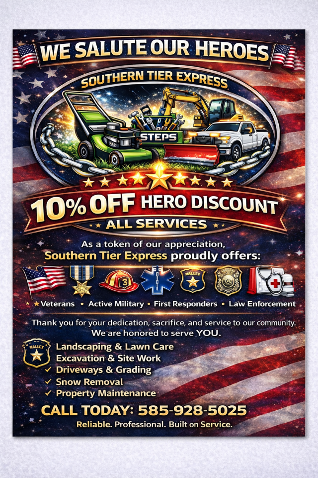 landscape, thank you for your service, hero, excavtion, steps, steps inc, lawn care, snow